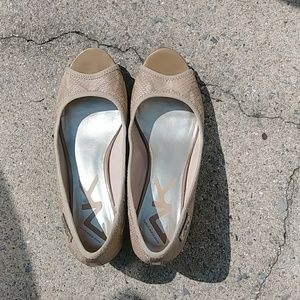 Nude snakeskin wedges